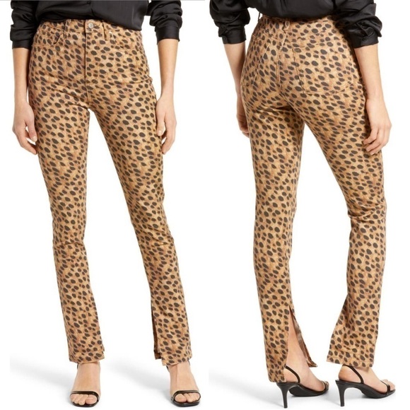 NEW WE WORE WHAT Stiletto High Waist Split Hem Leopard Skinny Jeans In brown - Picture 1 of 10
